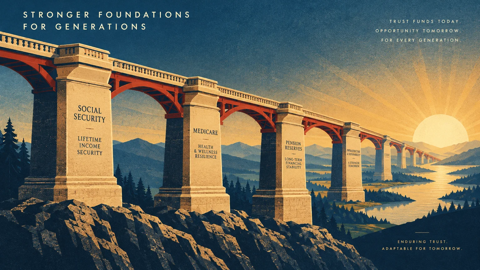 Illustration of a grand stone aqueduct bridge with pillars labeled Social Security, Medicare, and Pension Reserves.