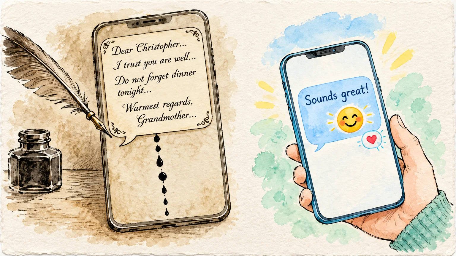 Split illustration contrasting an antique letter-style smartphone text with quill and ink against a modern chat bubble.