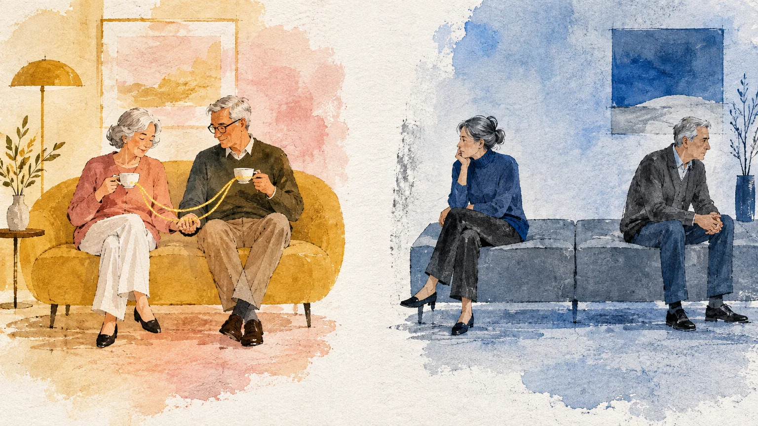 Split watercolor illustration contrasting a couple warmly drinking tea together with a distant couple sitting apart.