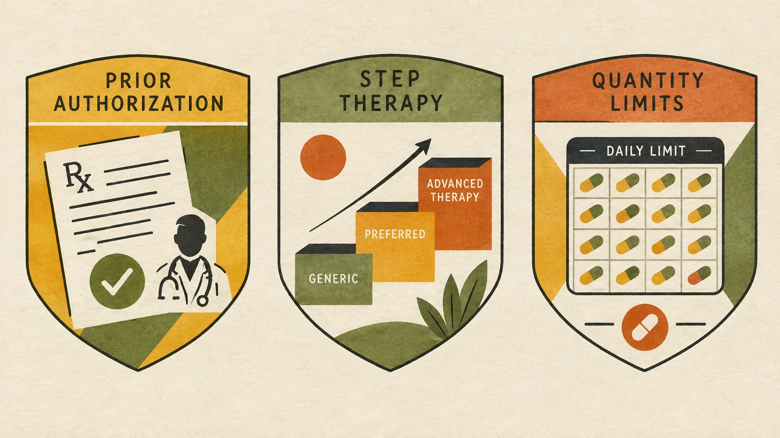 Three shield emblems illustrating prior authorization with a doctor, step therapy with blocks, and quantity limits.