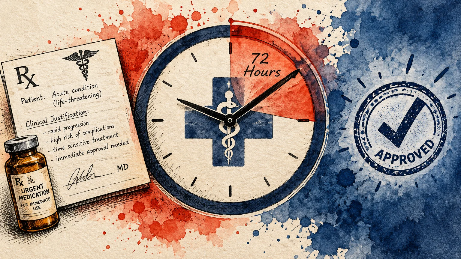 Illustration of an urgent medication vial, clinical prescription, clock marked with 72 hours, and an approved stamp.