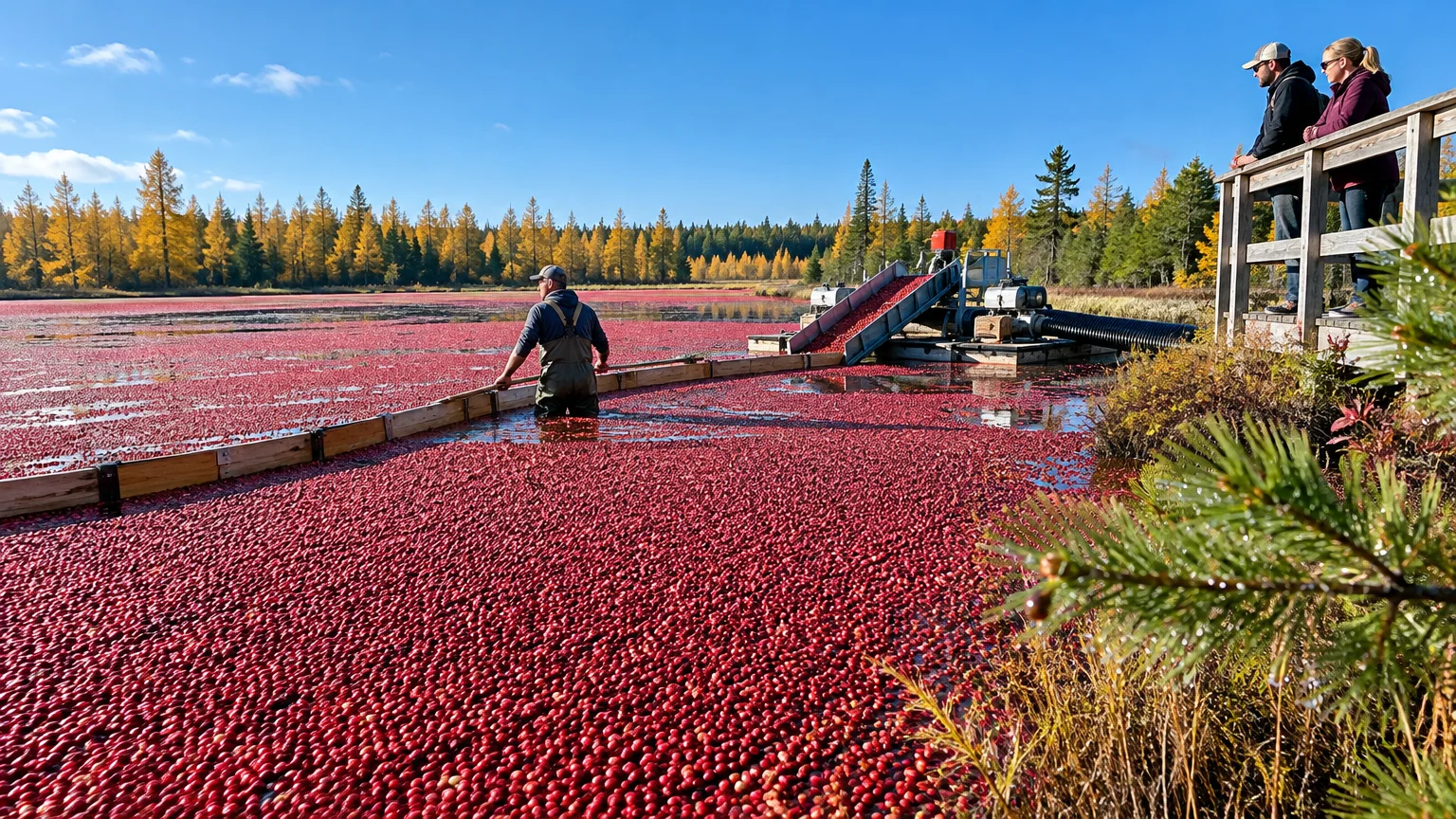 A farmer in waders harvests a flooded cranberry marsh using machinery as two people watch from a wooden platform.