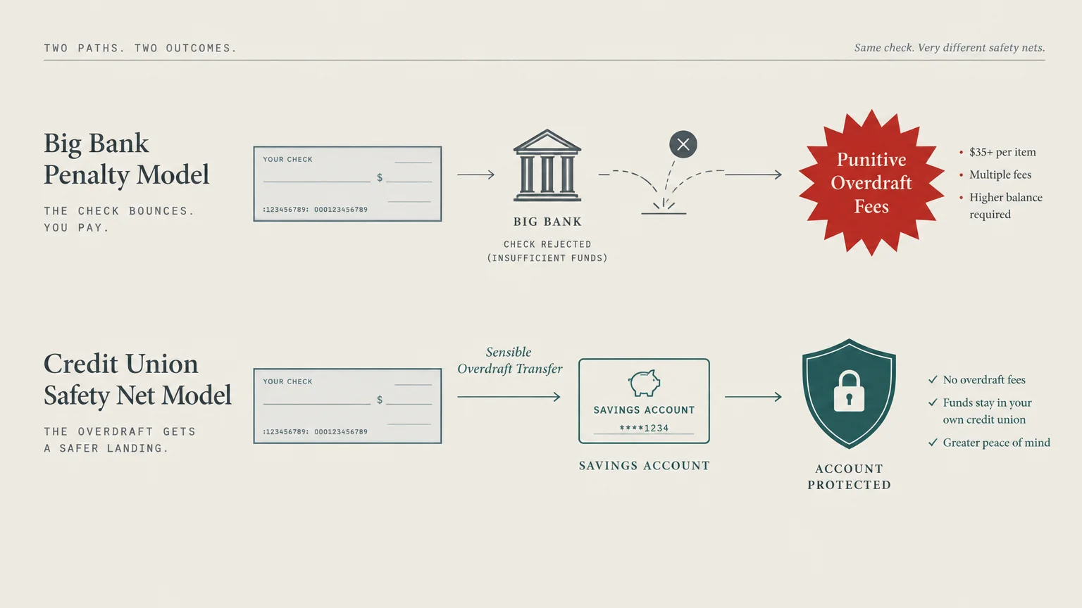 Diagram contrasting a big bank penalty model causing overdraft fees with a credit union model protecting accounts.