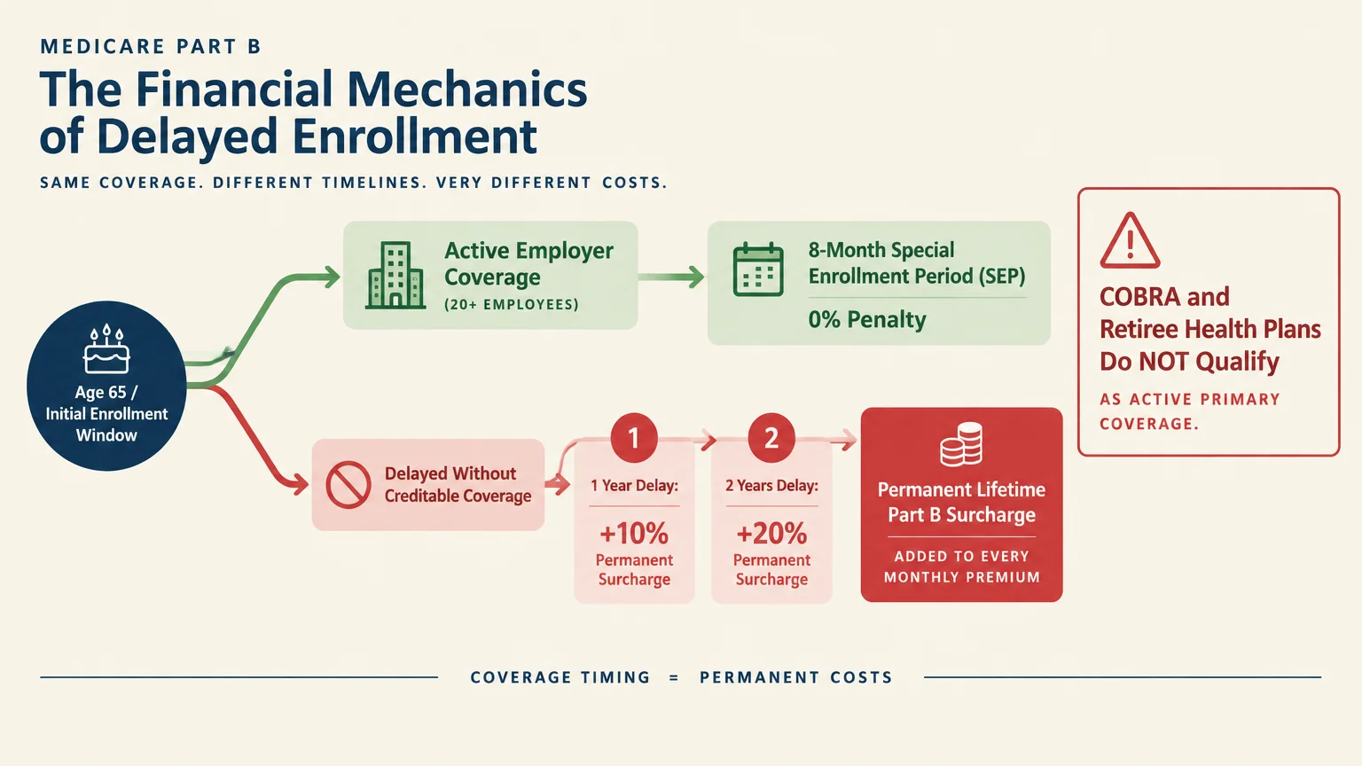 Flowchart comparing Medicare Part B enrollment with active employer coverage versus delayed enrollment penalties.