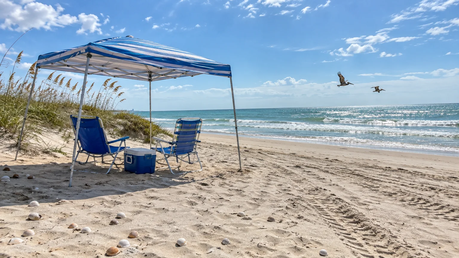Blue canopy tent and beach chairs facing ocean waves on a sunny sandy beach with sea oats and flying pelicans.