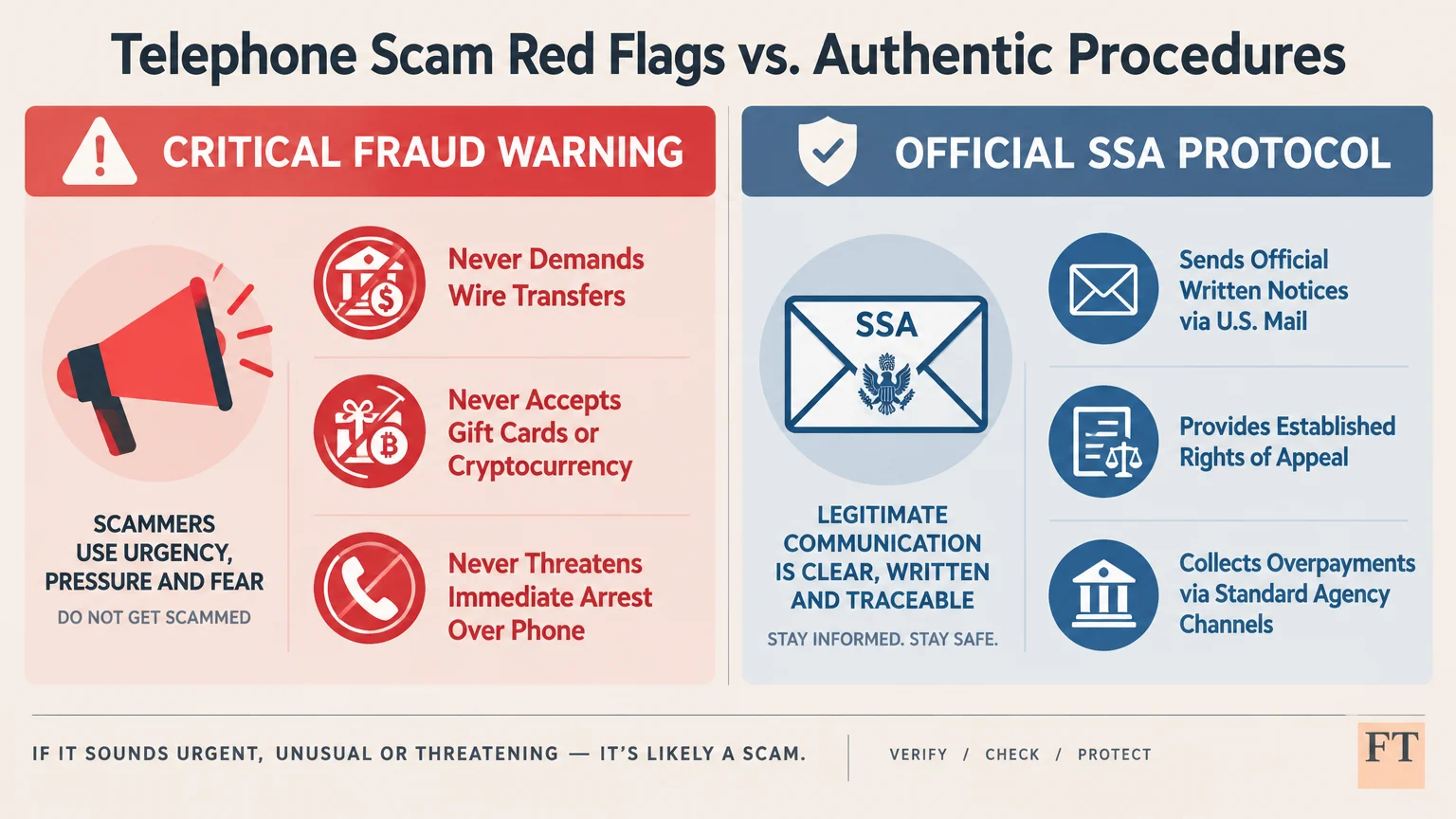 Graphic comparing telephone scam red flags in red against official SSA protocol in blue with icons and warning text.
