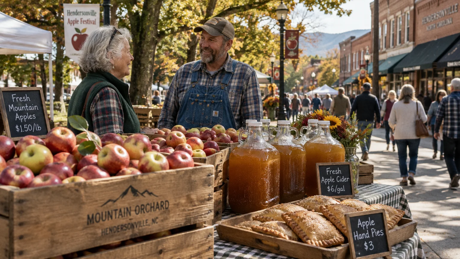 A farmer talks to a woman at a festival stall with fresh apples, apple cider jugs, and baked hand pies.