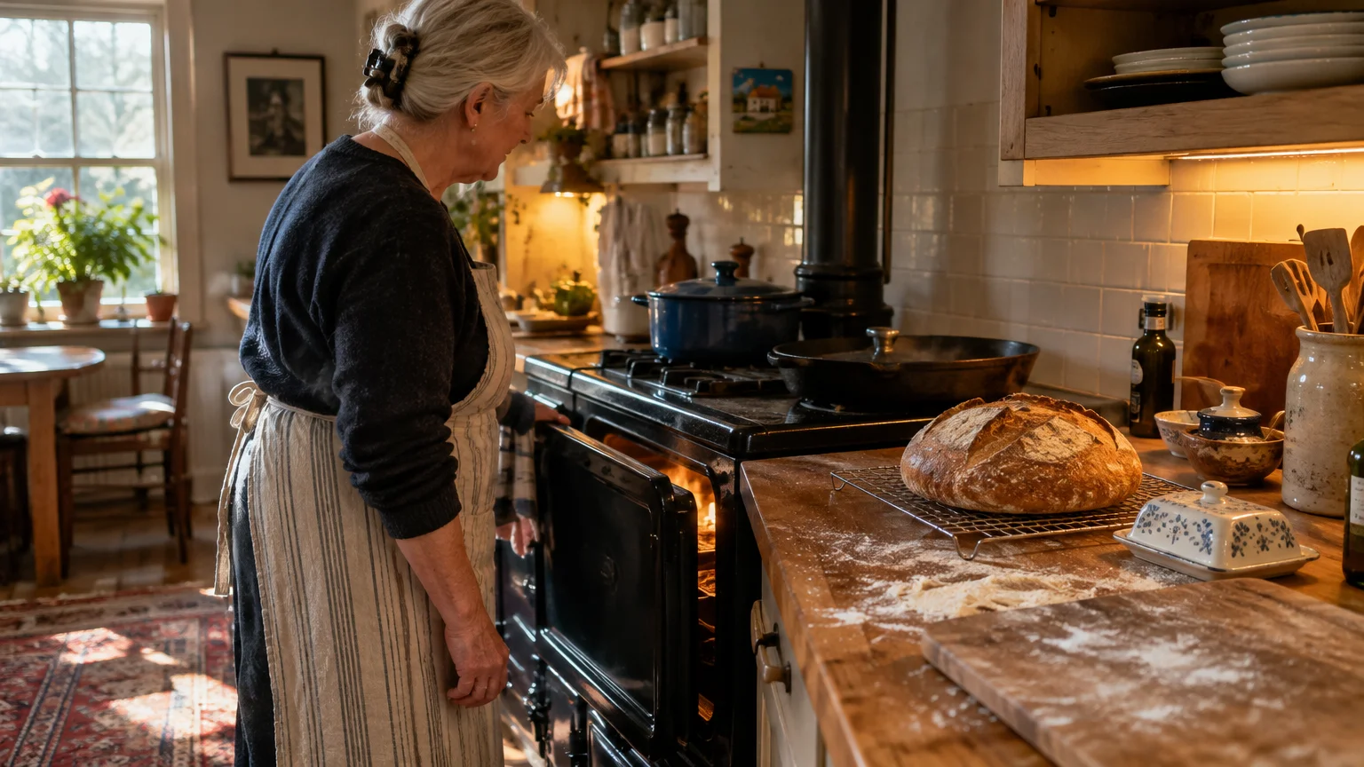 A woman in an apron opening an antique black stove oven door next to freshly baked bread on a wooden counter.