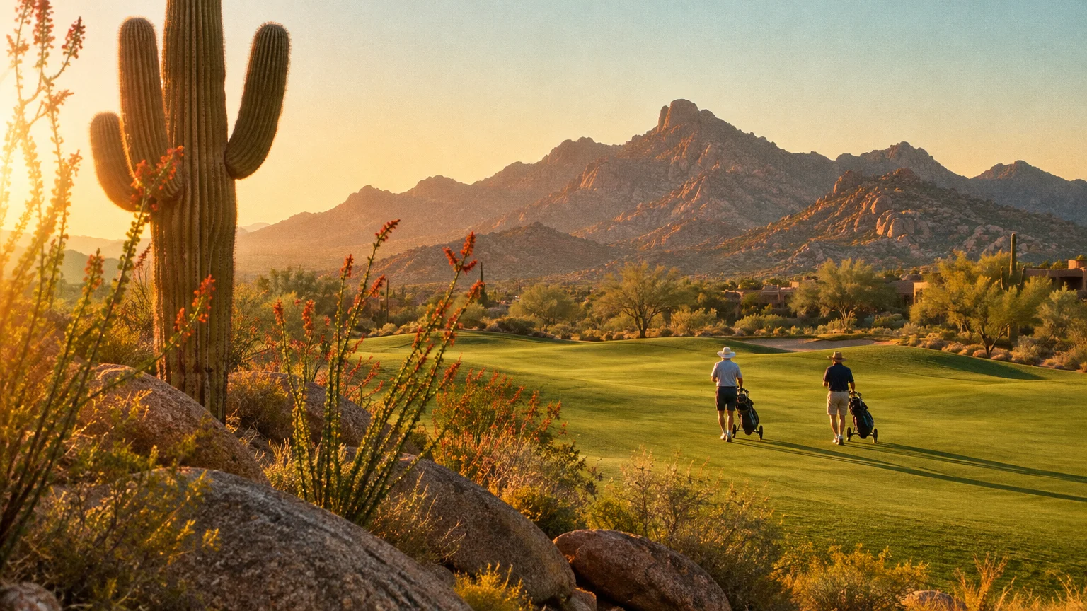 Two golfers walking on a lush green course framed by saguaro cactus, desert plants, and rugged mountains at sunset.