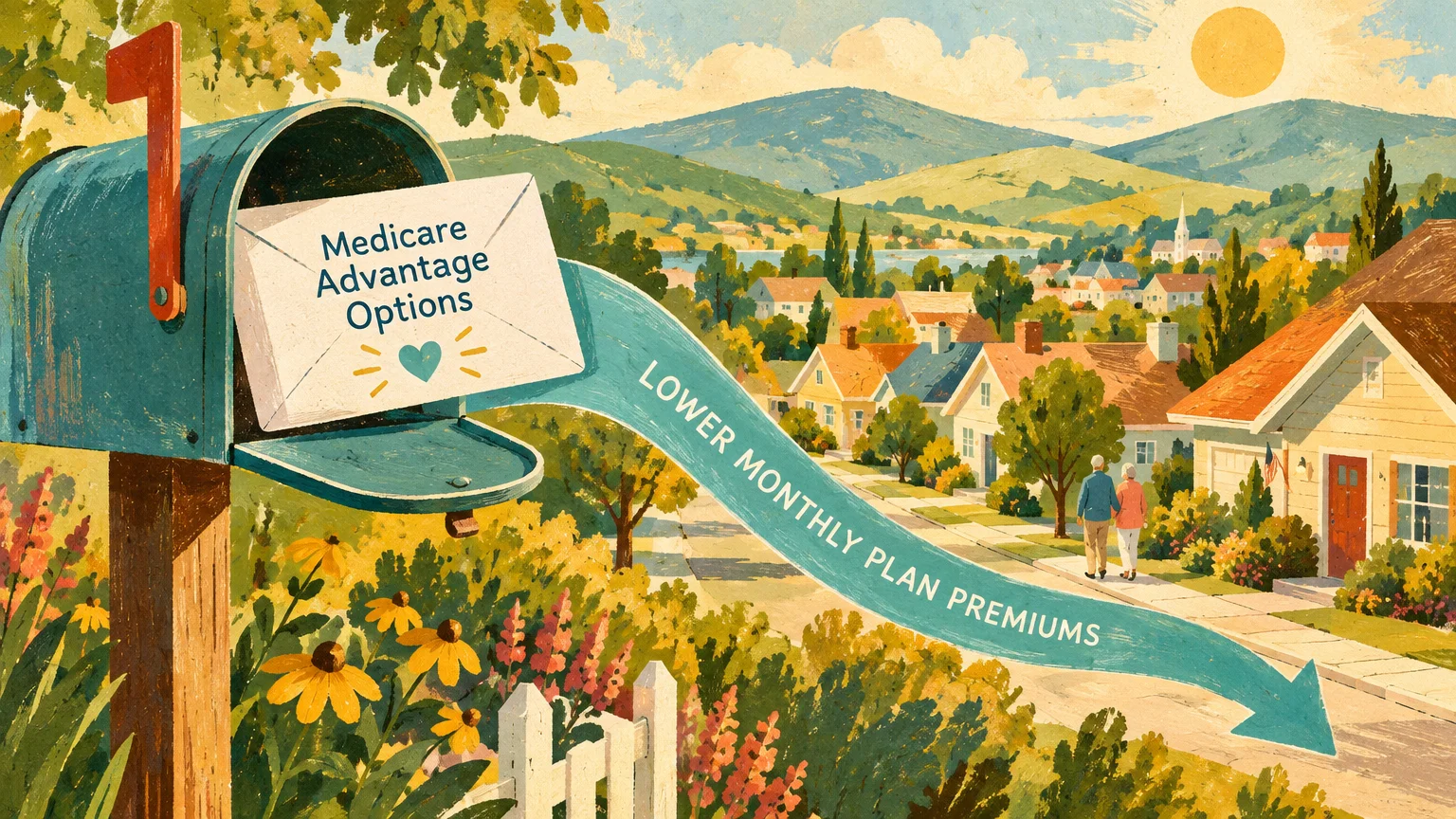 Illustration of a mailbox with mail reading Medicare Advantage Options and an arrow pointing down a suburban street.