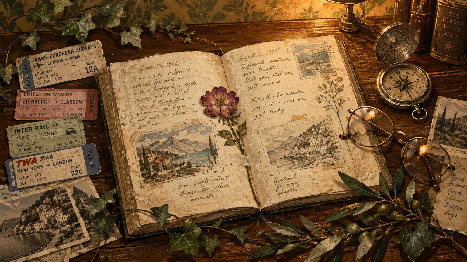Open travel scrapbook with vintage tickets, sketches, pressed flowers, glasses, and a compass on a wooden desk.