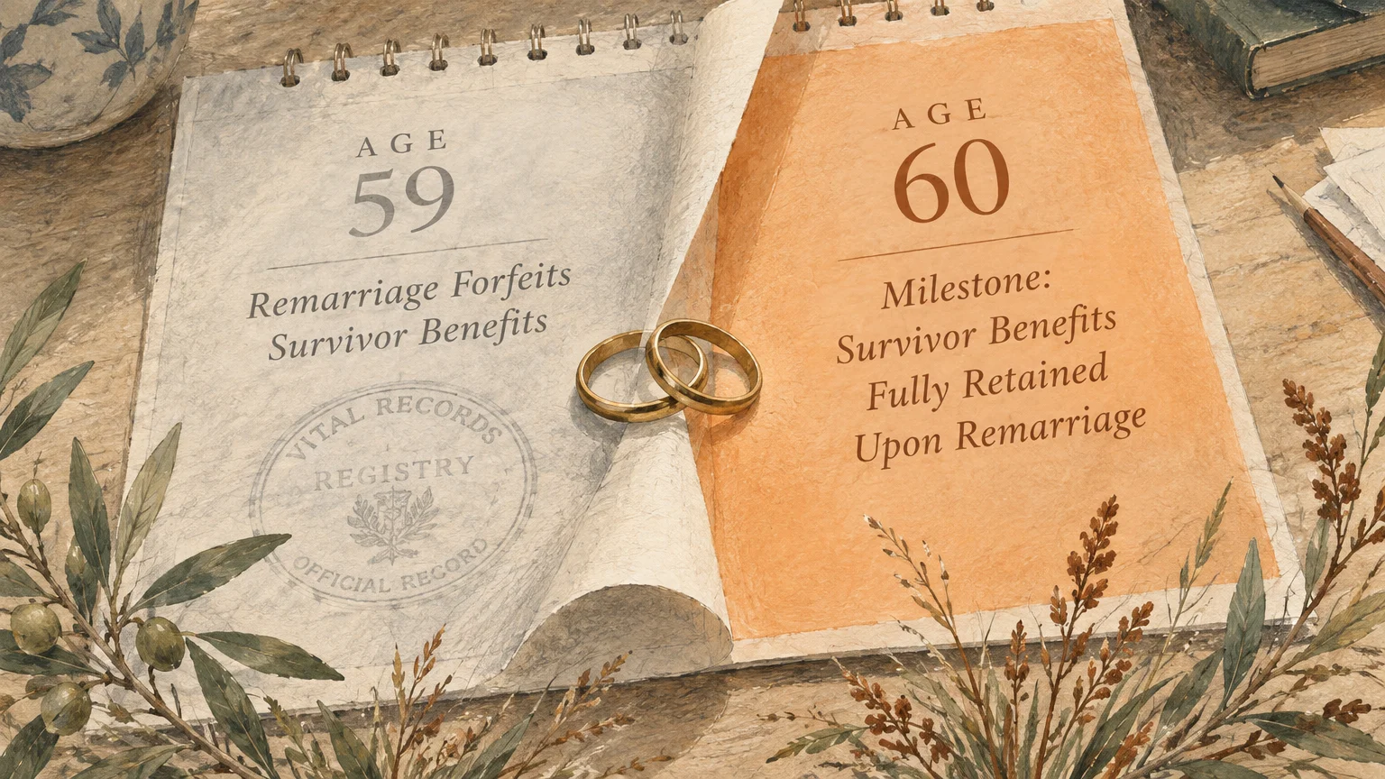 Illustration of an open notebook comparing remarriage rules at age 59 versus age 60 beside two gold rings.