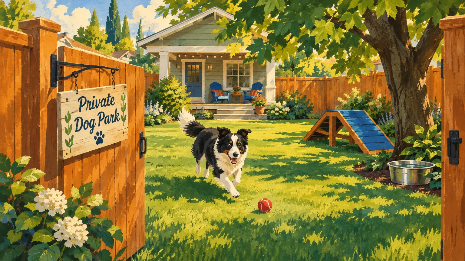 Illustration of a border collie running through an open wooden gate into a sunny fenced backyard with a play ramp.