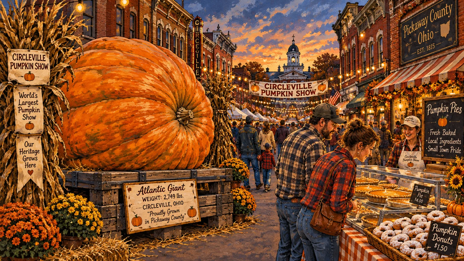 Illustration of a festival street with a massive giant pumpkin on display alongside a pumpkin pie and donut vendor booth.