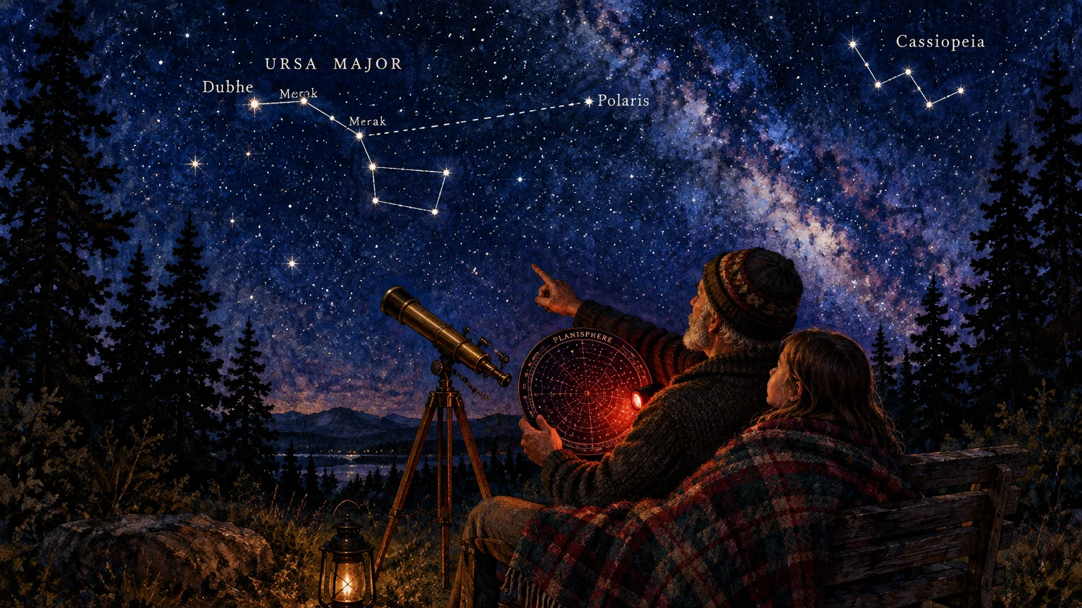Illustration of an older man and child looking at constellations in the night sky with a planisphere and telescope.