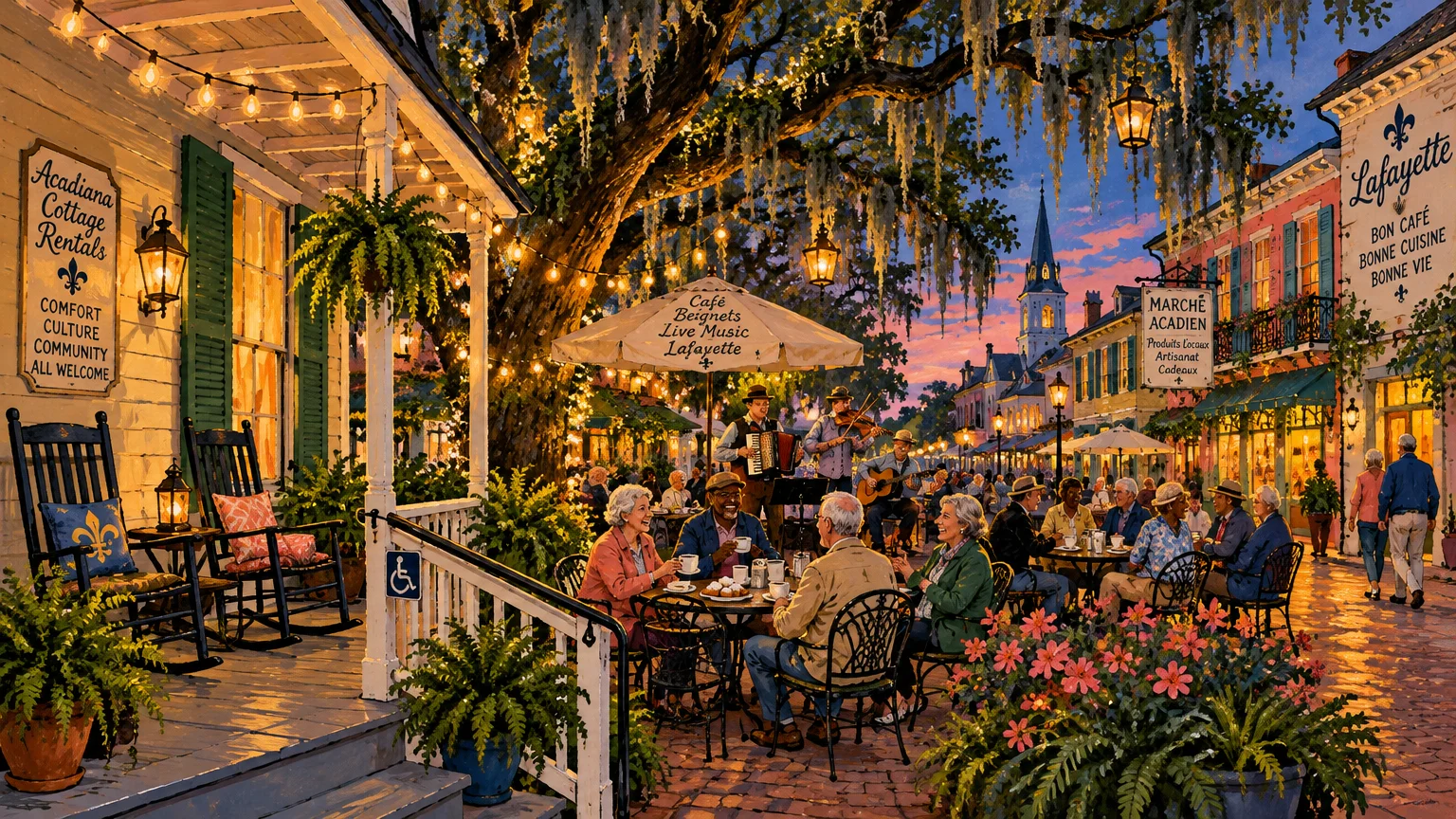 Illustration of seniors dining outside a lively street cafe at twilight beneath Spanish moss and string lights.