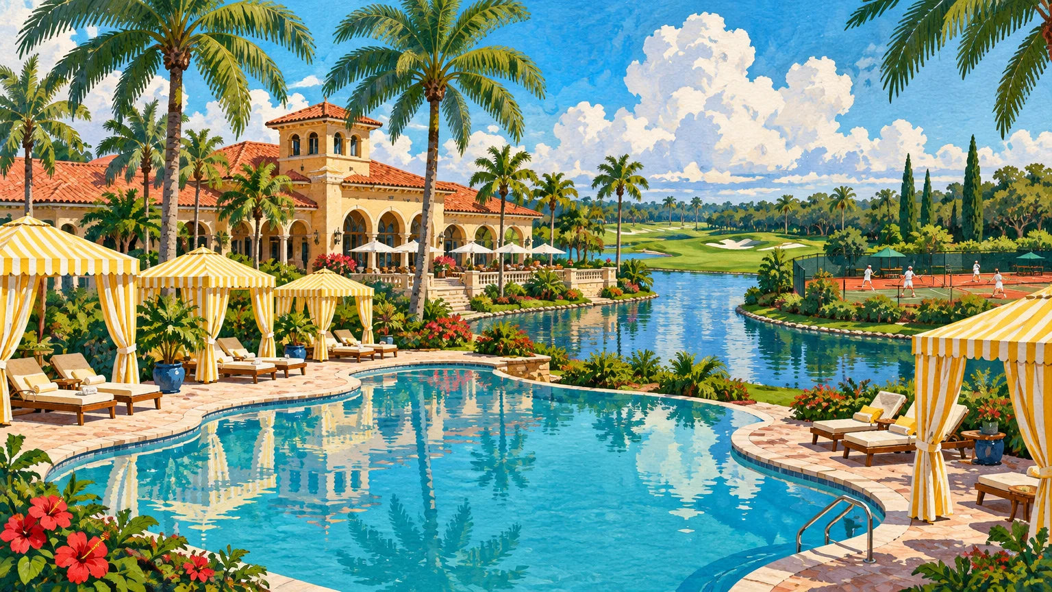 Illustration of a luxury resort pool with yellow cabanas, a grand clubhouse, tennis courts, and distant golf greens.