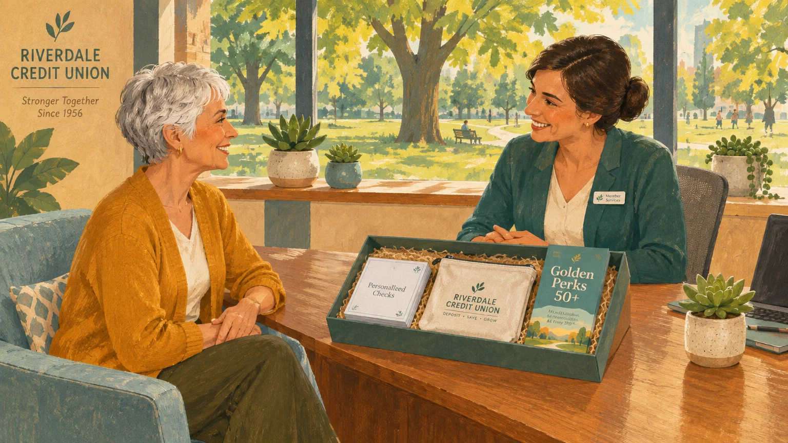Illustration of a credit union representative presenting a senior member with a 50+ perks welcome box across a desk.