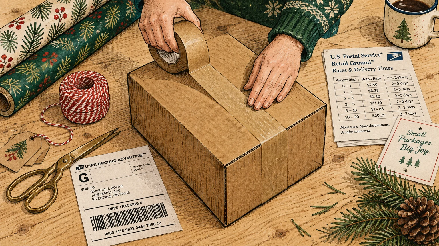 Illustration of hands taping a cardboard box on a wooden desk surrounded by holiday wrapping paper and postage labels.