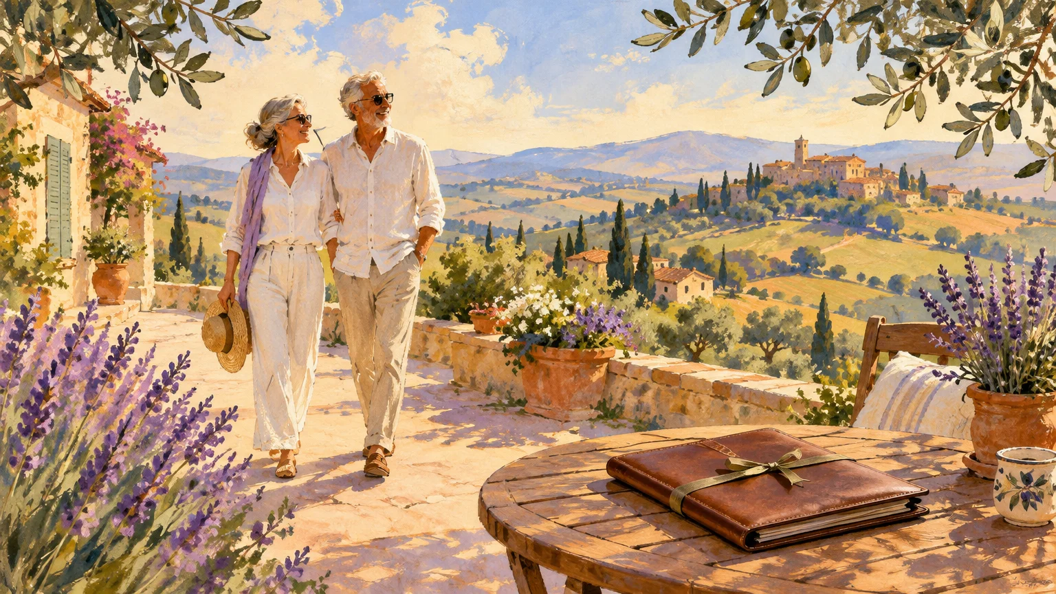 Illustration of an older couple walking on a sunny stone terrace overlooking rolling countryside hills and a village.