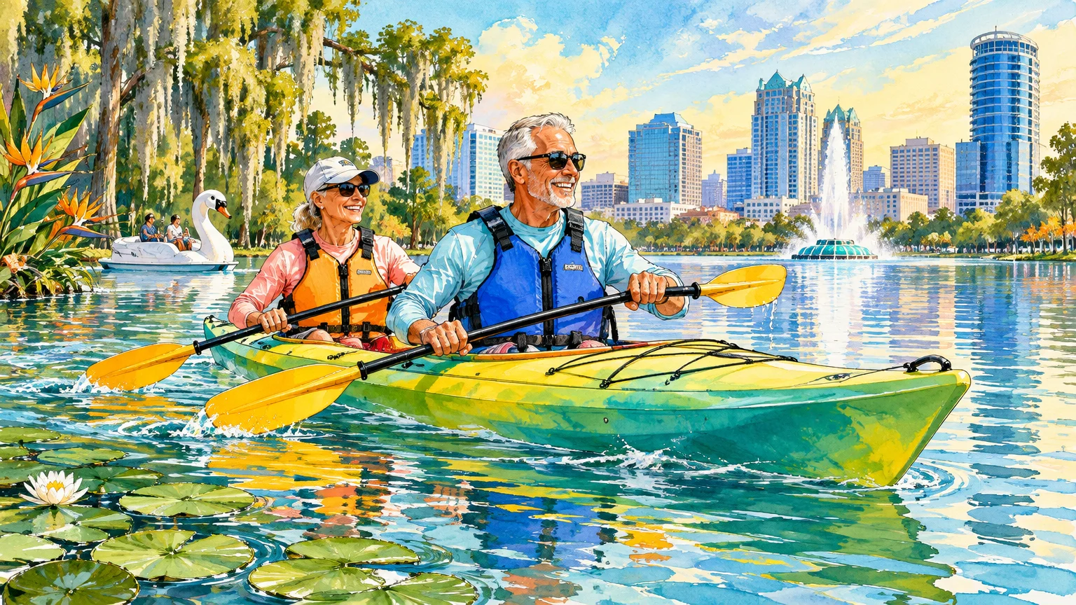 Watercolor illustration of an older man and woman kayaking on a lake with a city skyline and fountain in the background.