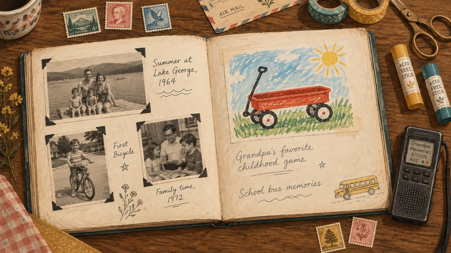 Illustration of an open scrapbook with vintage photos, crayon drawings, glue sticks, stamps, scissors, and a voice recorder.