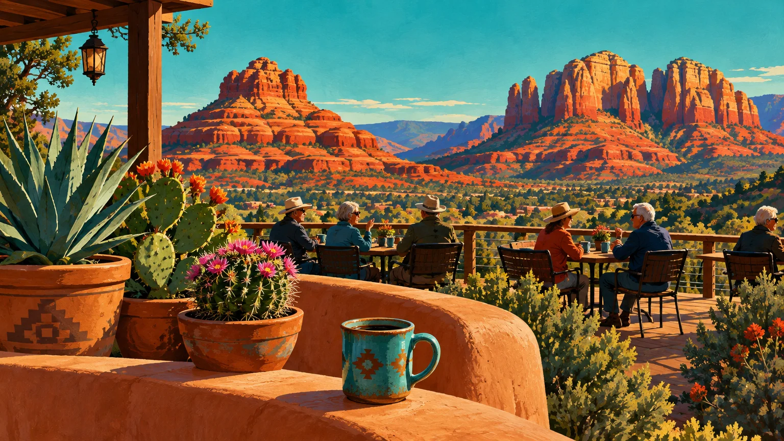 Patio cafe with patrons seated at tables overlooking red rock buttes and desert scenery, with cacti in the foreground.