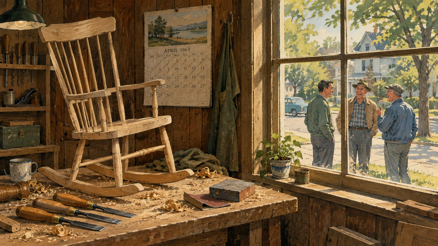 Illustration of a woodworking workshop with a rocking chair on a workbench, looking out a window at men talking outside.