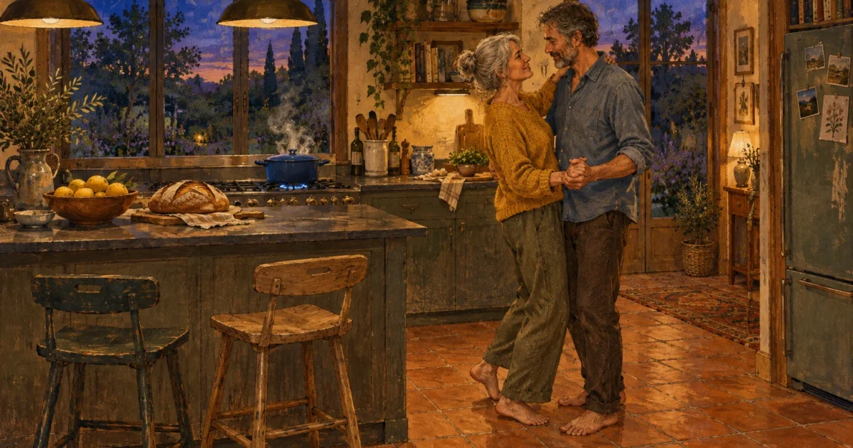 Illustration of an older barefoot couple slow dancing in a warm, rustic kitchen while food cooks on the stove.
