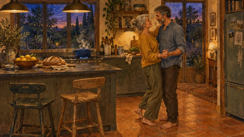 Illustration of an older barefoot couple slow dancing in a warm, rustic kitchen while food cooks on the stove.