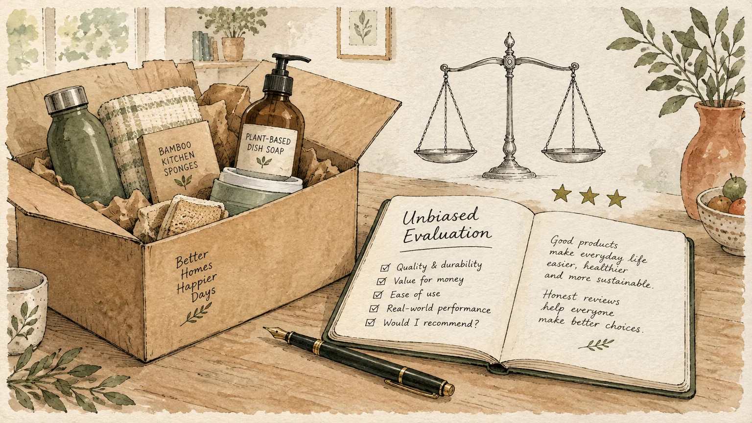 Illustration of an open sample box with eco-friendly goods beside an evaluation notebook, pen, and balance scales.