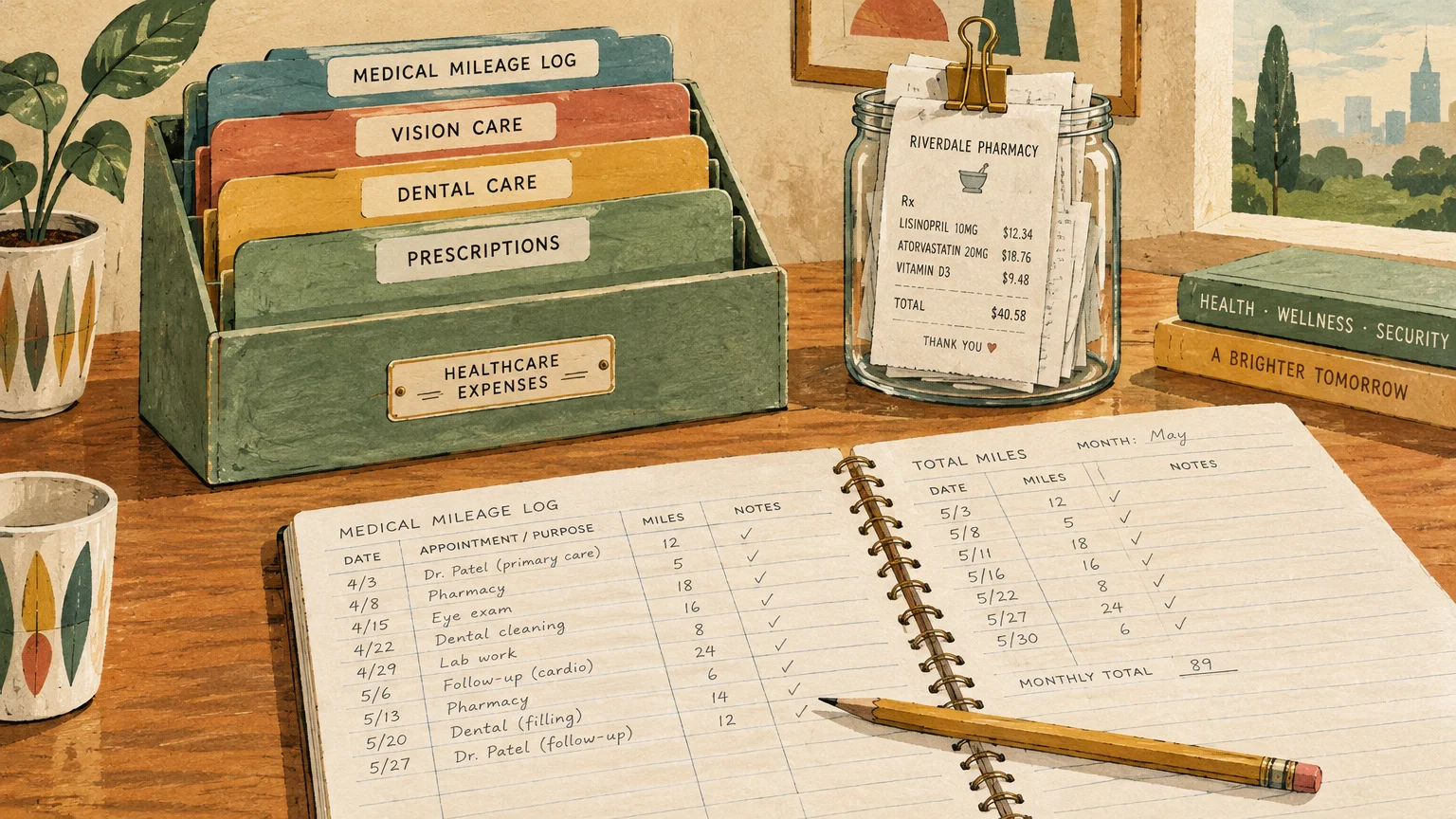 A desk with organized healthcare folders, a jar of receipts, and an open notebook tracking medical mileage.
