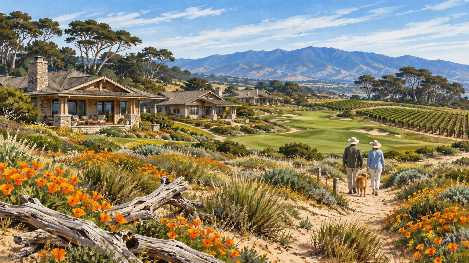 Couple walking a dog on a path with orange poppies beside hillside homes, a golf course, and vineyards.