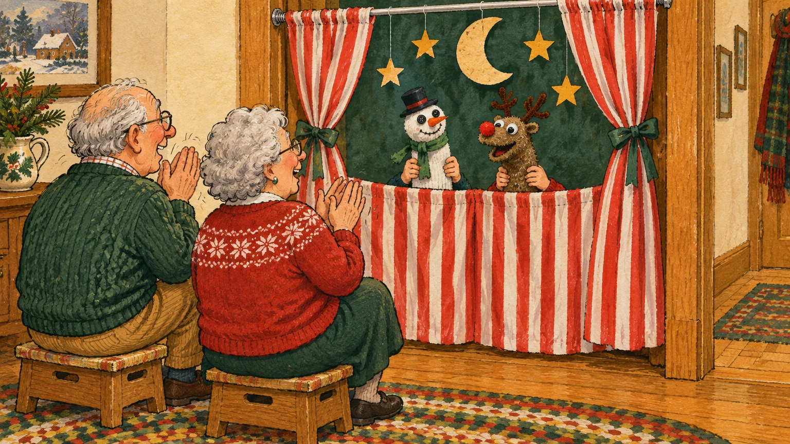 Grandparents clap from small stools as snowman and reindeer puppets perform behind striped curtains in a doorway.