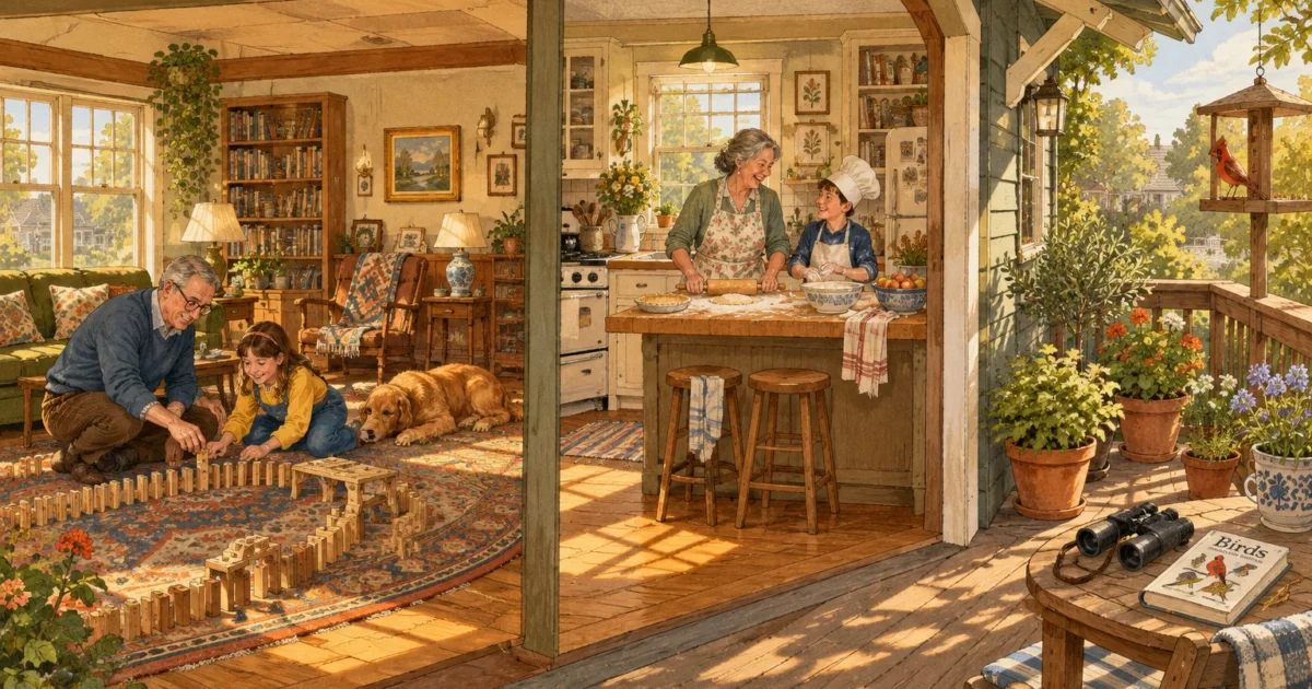 Illustration of grandparents baking and playing dominoes with grandchildren in a cozy home opening onto a sunny porch.