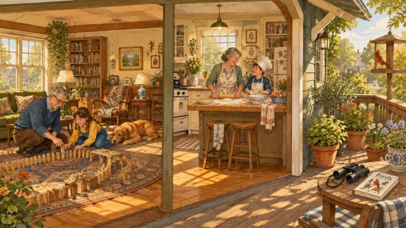 Illustration of grandparents baking and playing dominoes with grandchildren in a cozy home opening onto a sunny porch.