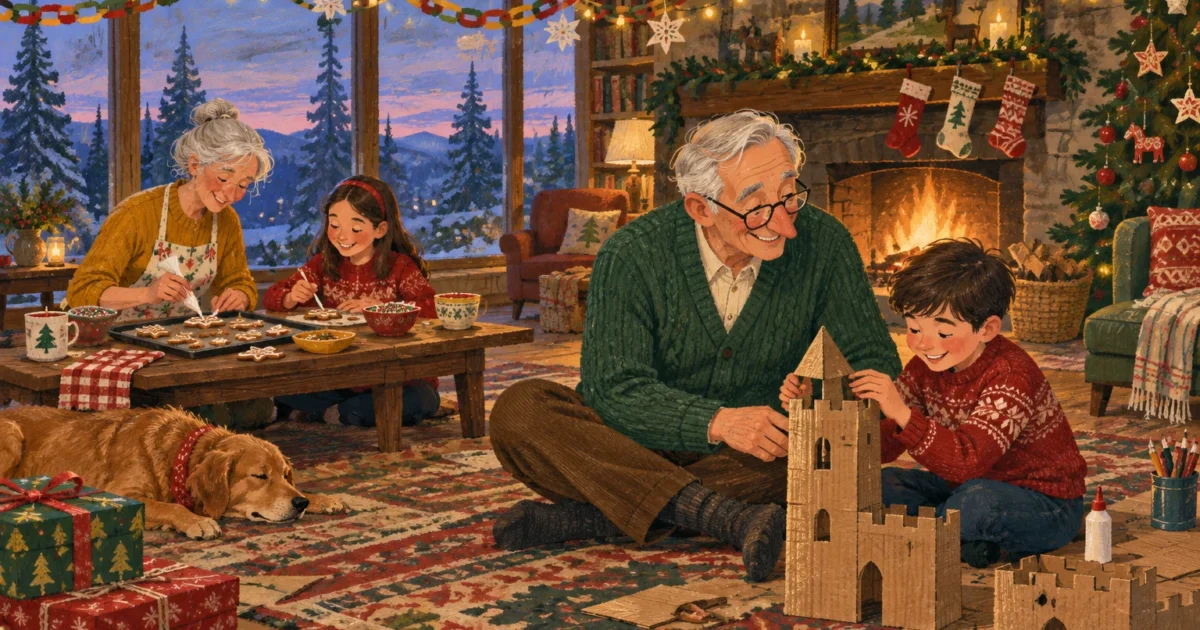 Grandparents and grandchildren decorate cookies and build a cardboard castle in a cozy holiday living room.