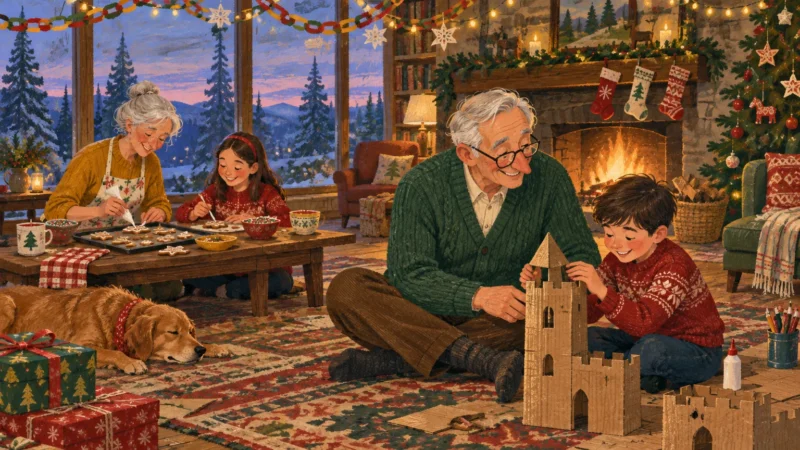 Grandparents and grandchildren decorate cookies and build a cardboard castle in a cozy holiday living room.