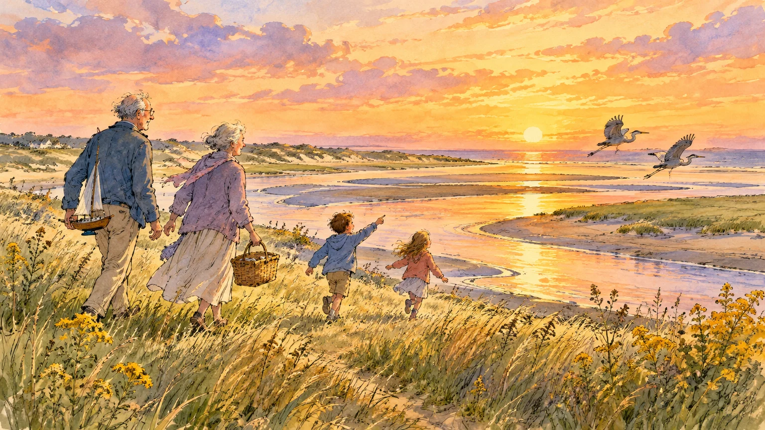 Grandparents and two young grandchildren walk along grassy coastal dunes toward a golden sunset over tidal waters.