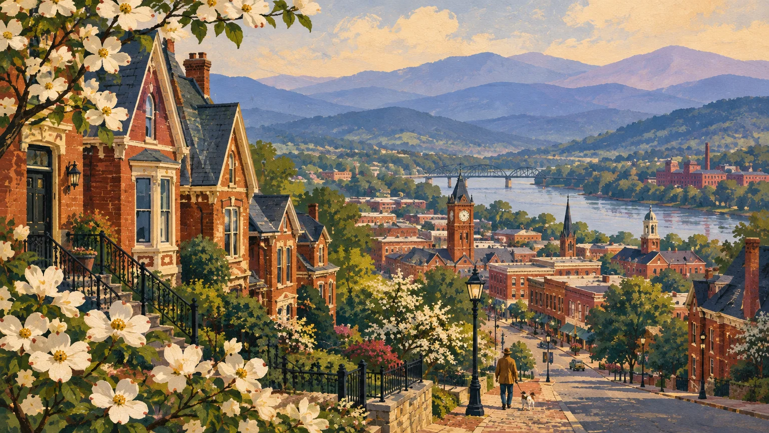 Illustration of a hillside street with brick Victorian homes, flowering trees, and a distant river valley against mountains.