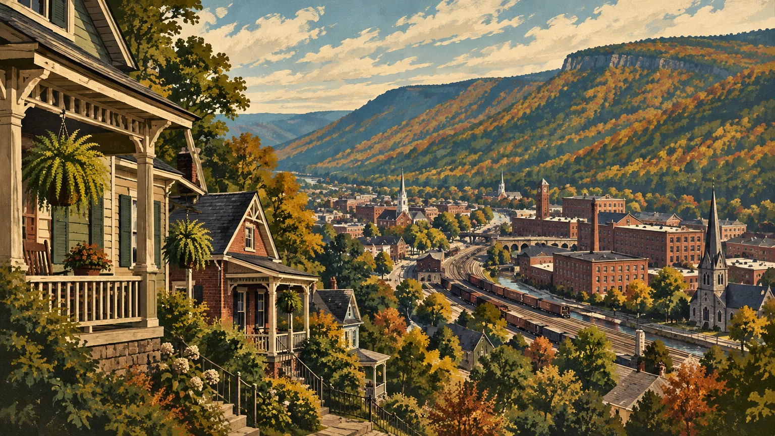 Illustration of houses on a hillside overlooking a valley town with train tracks, brick buildings, and autumn foliage.