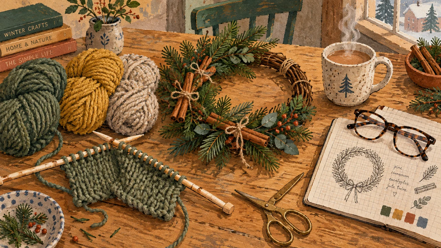 Illustration of a wooden table with yarn, knitting needles, a holiday wreath, hot beverage, scissors, and a craft notebook.