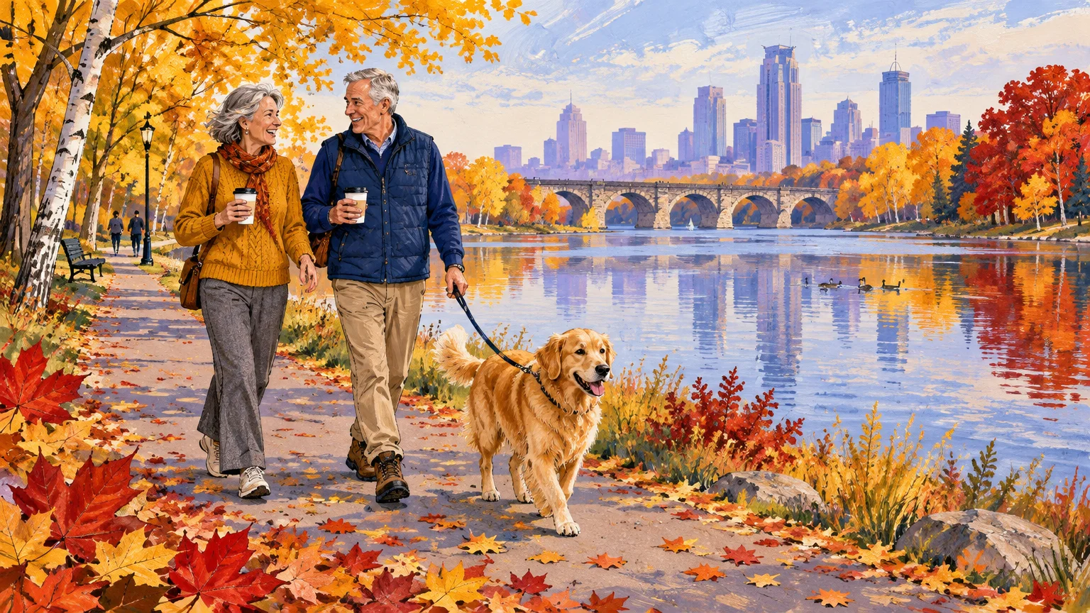 Illustration of an older couple walking a golden retriever on a lakeside path with autumn trees and a city skyline.