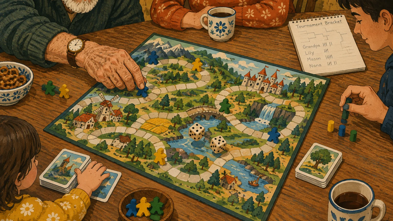 Gouache painting of grandparents and grandchildren sitting around a wooden table playing a colorful fantasy board game.