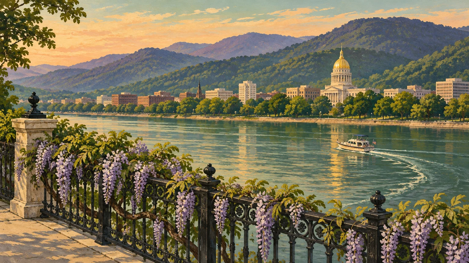 Painting of a riverfront city with a gold-domed capitol building, forested mountains, and purple wisteria on a railing.
