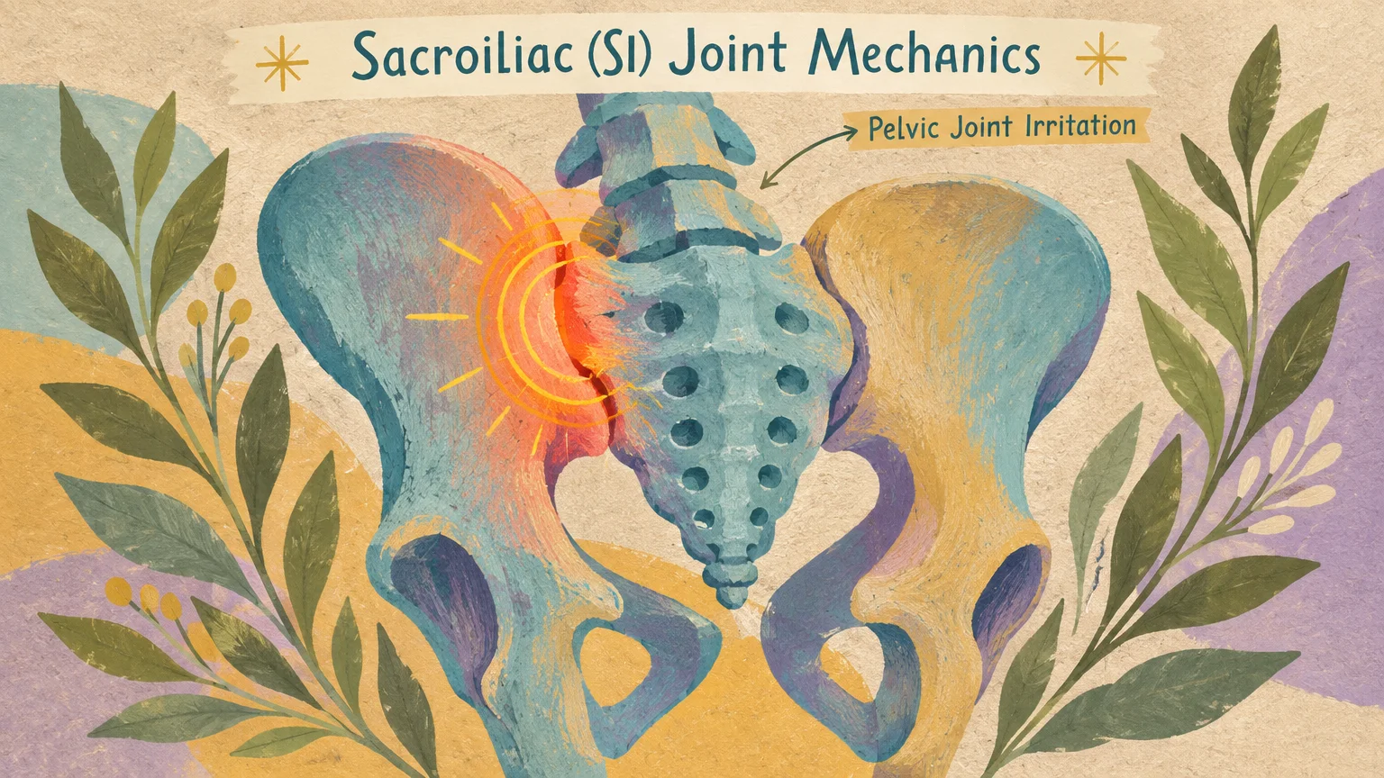 Illustration of a pelvis and spine highlighting pelvic joint irritation on one sacroiliac joint with radiant orange lines.