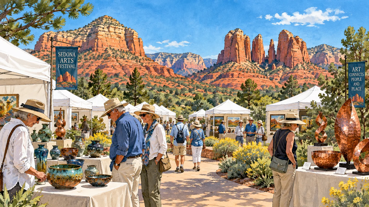 Illustration of people browsing outdoor art booths with pottery and sculptures against towering red rock mountains.
