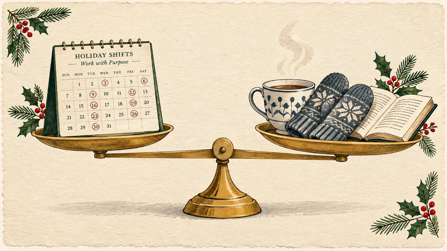 Brass balance scale holding a holiday shift calendar on one side, and a hot mug, mittens, and open book on the other.