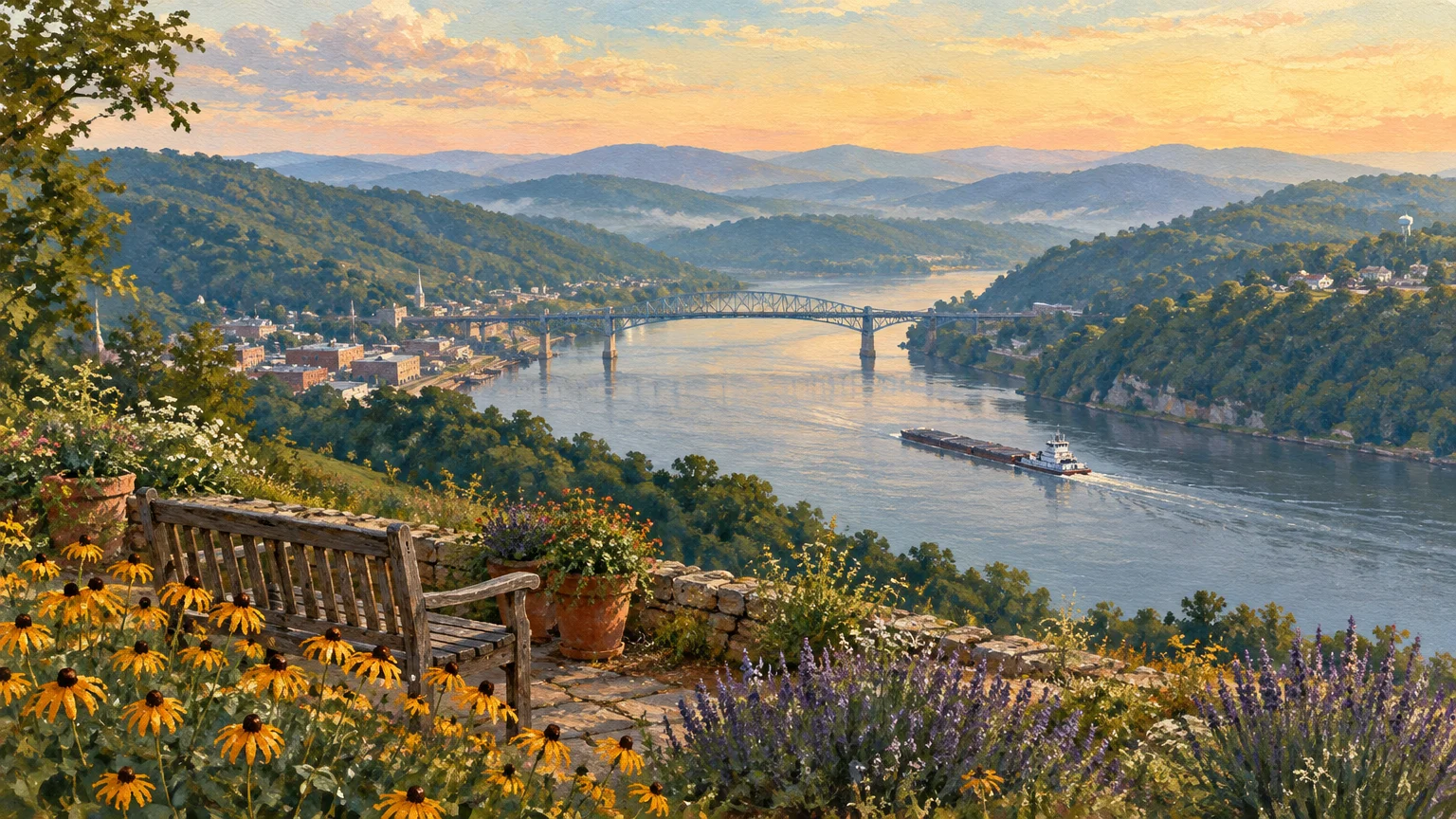 Painting of a scenic river valley with a bridge, tugboat, hillside town, and flower-lined overlook with a wooden bench.