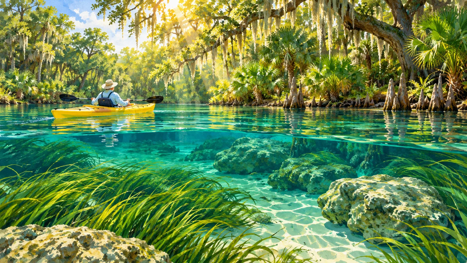 Split underwater illustration of a person paddling a yellow kayak through clear water bordered by lush cypress trees.